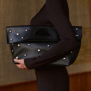 Genuine leather studded fold over bag, Roll top leather clutch, Leather clutch bag for women, Black studded leather purse gothic