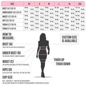 May include: A size chart with measurements in centimeters and inches for bust, under bust, waist, hip, and thigh. A silhouette shows where to measure. Text includes "Custom Size Is Available."