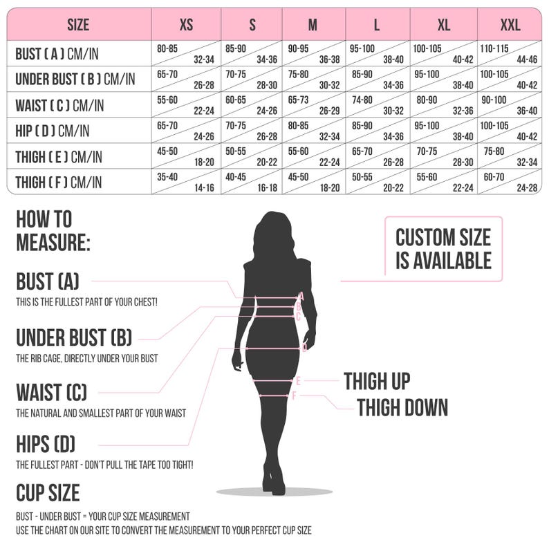May include: A size chart with measurements in centimeters and inches for bust, under bust, waist, hip, and thigh. A silhouette shows where to measure. Text includes "Custom Size Is Available."