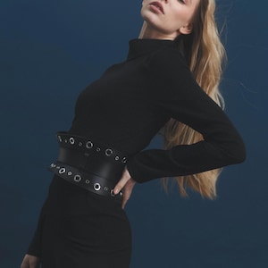 Wide leather grommet belt, Wide genuine leather belt, Leather basque waist corset, Leather peplum belt, Wide leather belt plus size