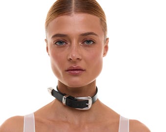 【EVERYBIRTHDAY】Stone Black Leather Choker leather chockers gray and black new 15” | eBay
