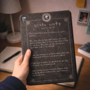 Puede incluir: Una funda de tableta gris oscuro con el texto "DEATH NOTE" y notas manuscritas. La funda tiene un emblema de calavera y bordes decorativos. La tableta se sostiene en la mano de una persona, con un escritorio y una lámpara en el fondo.