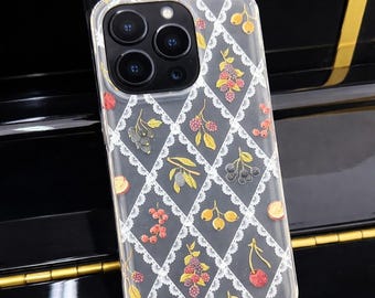Vintage Lace Fruit iPhone Case Clear Floral Berry Phone Case Cottagecore Aesthetic Soft TPU Cover Cute Botanical Design Gift