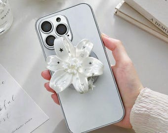 Pearl White Lily Flower Phone Grip Stand, MagSafe Compatible Holder (Adhesive/Magnetic)