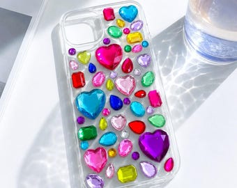 Colorful Gemstone Phone Case for iPhone, Handmade Resin Rhinestone iPhone Case, Y2K Crystal Style Clear Phone Cover, Unique Gift for Her