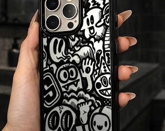 Black White Doodle Phone Case – Cartoon Monster Graffiti iPhone Cover, Street Style