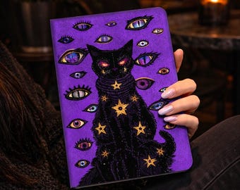 Gothic Black Cat Tablet Case | Aesthetic iPad Cover | Multi Eye Dark Fantasy Design | Witchy Grunge Protective Case