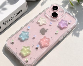 Glow in the Dark Star Phone Case for iPhone Series, 3D Colourful Puffy Star Clear Case, Cute Kawaii Aesthetic Protective Cover