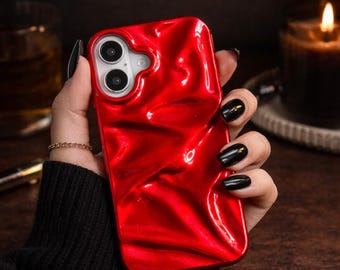 Glossy Red Wrinkle Texture Phone Case | Luxury Crumpled Design | High Shine Statement Cover | Stylish Protective Case Gift