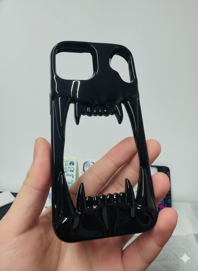 3D Hollow Fanged Skull iPhone Case – Metallic Silver & Black Creative Protective Cover for Gothic and Punk Style image 2