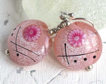 Rose Pink Earrings, Lampwork Glass Bead & Sterling Silver, Art Jewelry For Women Handmade by Judith Johnston