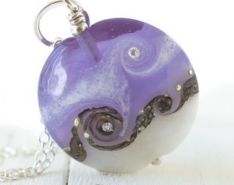 Purple White Glass Wave Bead Necklace with Cubic Zirconia, Artisan Lampwork Jewellery, Handmade in England by Judith Johnston