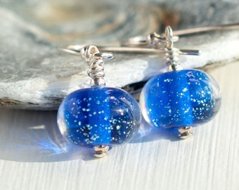 Small Royal Blue Bead Earrings, Sparkly Handmade Lampwork Glass & Sterling Silver, Small Drop Earrings, Gift Idea For Women