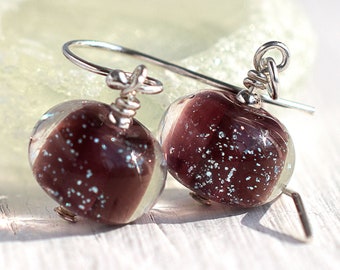 Small Purple Drop Earrings, Contemporary Lampwork Glass Bead & Sterling Silver Earring Pair, Everyday Jewellery