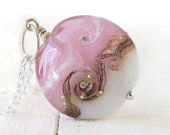 Petal Pink Wave Pendant, Handmade Artisan Lampwork Glass Bead with Cubic Zirconia