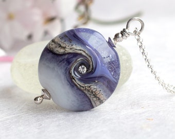 Handmade Purple Wave Pendant with Cubic Zirconia, Lampwork Art Glass Bead and Sterling Silver Jewellery