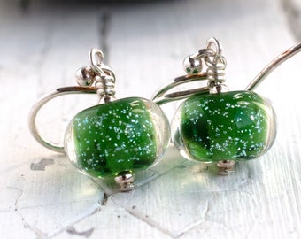 Emerald Green Bead Earrings, Small Lampwork Glass Beads & Sterling Silver Earring Pair, Handcrafted Unique Jewellry Gift For Women