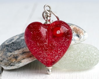 Red Glass Heart Necklace, Handmade Lampwork and Sterling Silver Pendant On Chain, Romantic Jewellery For Women