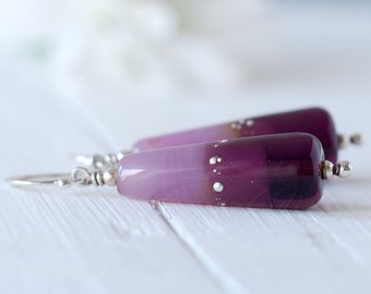 Mauve & Purple Lampwork Glass Drop Earrings, Handmade Bead Earrings on Sterling Silver Earring Hooks