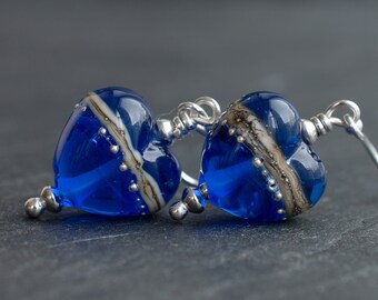 Bright Blue Glass Heart Earrings, Handmade, Contemporary Bead Jewellery