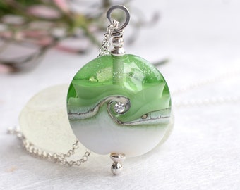 Spring Green & White Glass Pendant with cubic zirconia, Handcrafted Lampwork Bead Necklace on Sterling Silver Chain