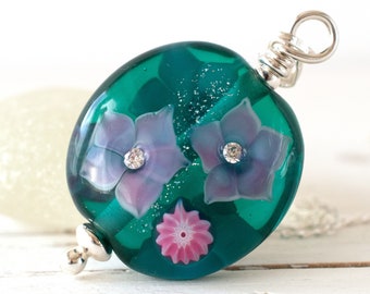 Teal Green Flower Necklace, Handmade Lampwork Glass Bead Pendant on Sterling Silver Chain.