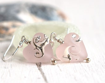 Romantic small pink glass heart earrings, lampwork bead earrings, unique bridal jewellery handmade UK