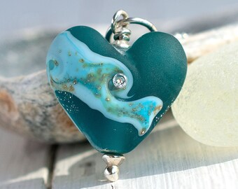 Teal Heart Pendant, Lampwork Jewellery, Artisan Glass Necklace, Romantic Gift For Women