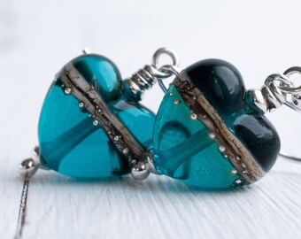 Cute Teal Green Glass Heart Earrings, Handmade Lampwork Bead Jewellery