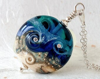 Teal Green and Cobalt Blue Wave Necklace, Lamp Work Lentil Bead Pendant, Art Glass Jewelry by Judith Johnston