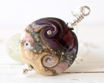 Purple Art Glass Pendant, Lampwork Wave Bead Necklace with Cubic Zirconia on Sterling Silver Chain, Birthday Gift