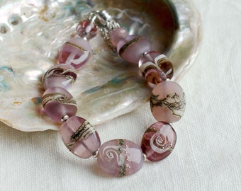 One of a kind, Mauve Pink Art Glass Bead Bracelet with Magnetic Clasp - Handcrafted Beaded Jewellery by Judith Johnston UK - Gift For Mum