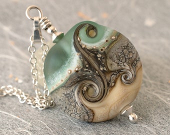 OOAK Chunky Glass Pendant, Sea Green Grey and Cream Lampwork Bead Necklace. Unique Handmade Flamework Jewellery, Birthday Gift For Man