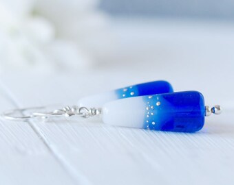 Cobalt Blue and White Fade Earrings, Handmade Lampwork Glass beads and Sterling Silver, Modern Artisan Jewellery