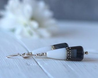Elegant Grey and White Dangle Earrings, Handmade Lampwork Bead Jewelry, Birthday Present For Girlfriend