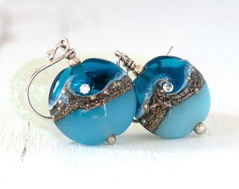 Cerulean Sky Blue Earrings, Lampwork Beads & Sterling Silver Earring Pair, Contemporary Glass Jewellery