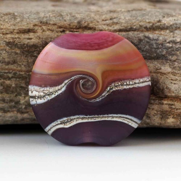 Organic Lampwork Lentil Bead, Handmade Glass Focal Purple, Tan, Sandy Brown, Pink "Sunset Beach"