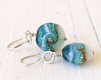 Teal Lampwork Glass Earrings, Handmade Artisan Bead Jewellery For Women