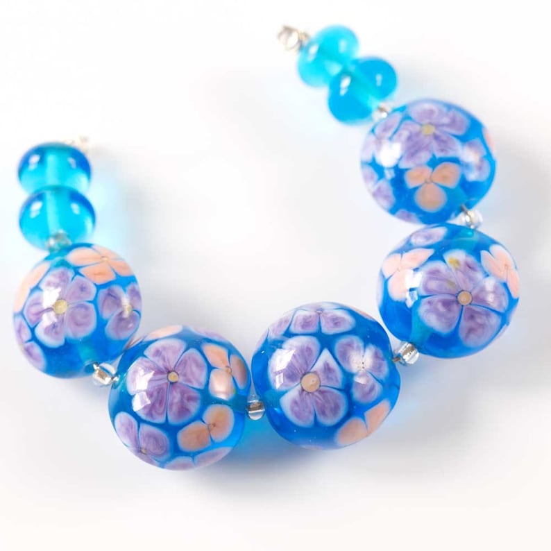 Aqua Floral Beads Handmade Lampwork Glass Flower Bead Set Etsy UK