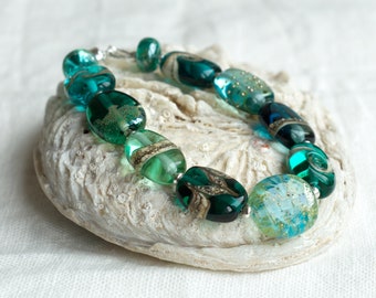 Teal Green Lampwork Glass Bracelet with Silver Magnetic Clasp, One of a kind Handmade Bead Jewellery by Judith Johnston UK