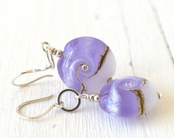 Lavender Lampwork Glass Bead Earrings, Artisan Glass and Sterling Silver Handmade Earrings, British Made Jewellery