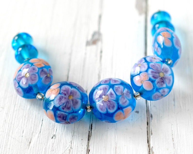 Aqua Floral Beads Handmade Lampwork Glass Flower Bead Set Etsy UK