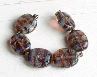 Handmade Lampwork Glass Bead Set in Purple with Green Blue & Silver Iridescence