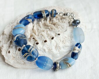 Blue Lampwork Bead Bracelet with Magnetic Clasp, Modern Art Glass Jewellery Handcrafted by Judith Johnston, Women's Christmas Present