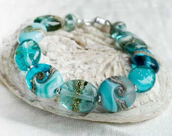 Turquoise Lampwork Bead Bracelet with Magnetic Clasp, Art Glass Contemporary Jewelry Handcrafted by Judith Johnston, Womens Unique Gift