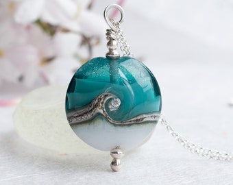 Teal & White Artisan Bead Pendant on Silver Chain, Glass Lampwork Jewellery Handmade UK