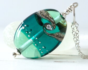 Teal Green Beaded Pendant, Handmade Lampwork Jewellery, Summer Necklace