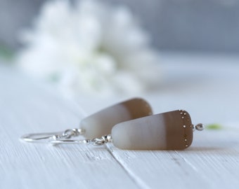 Hand Crafted, Unique Lampwork Earrings, Mink Brown & Ivory Artisan Glass Bead Earrings, Gift For Sister Under 50 GBP