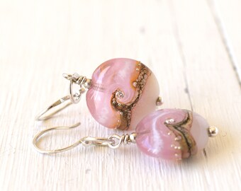 Petal Pink Lampwork Bead Earrings, Artisan Glass & Sterling Silver Jewelry For Women