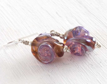 Lilac Purple Dangle Earrings, UK Artisan Glass Lampwork Bead Jewellery, Gift For Girlfriend